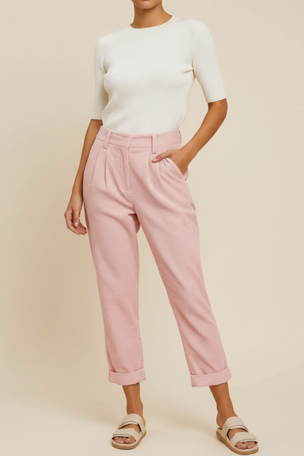 Pantalon Chino Rose Velours Côtelé Plissé Droit Femme - Cordé