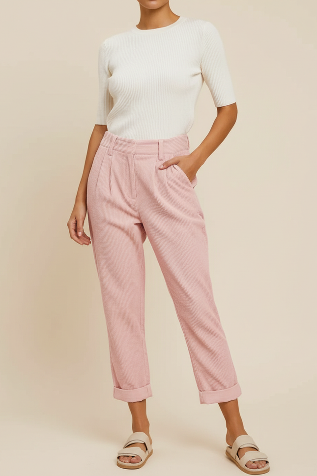 Pantalon Chino Rose Velours Côtelé Plissé Droit Femme - Cordé
