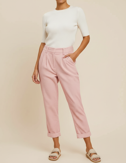 Pantalon Chino Rose Velours Côtelé Plissé Droit Femme - Cordé