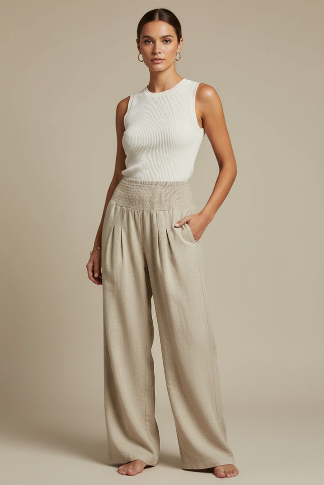 Pantalon Chino Beige Ample Lin Décontracté Femme