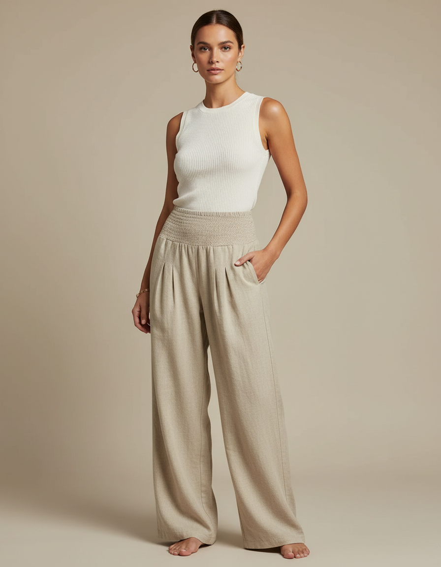 Pantalon Chino Beige Ample Lin Décontracté Femme