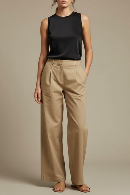 Pantalon Chino Beige Plissé Large Fluide Décontracté - Gabardine
