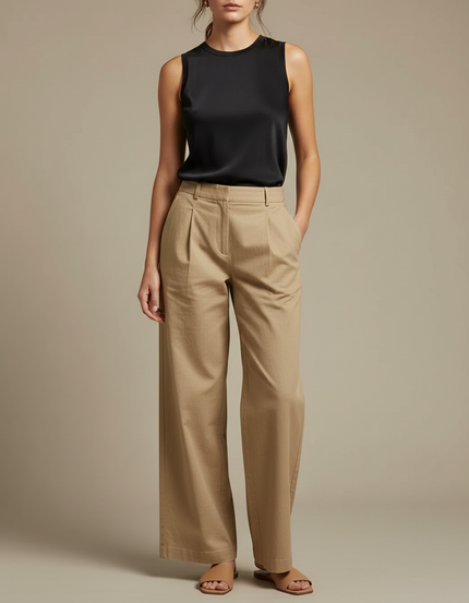 Pantalon Chino Beige Plissé Large Fluide Décontracté - Gabardine