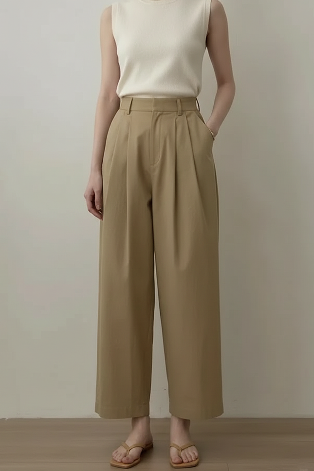 Pantalon Chino Kaki Taille Haute Ample Plissé Décontracté - Gabardine