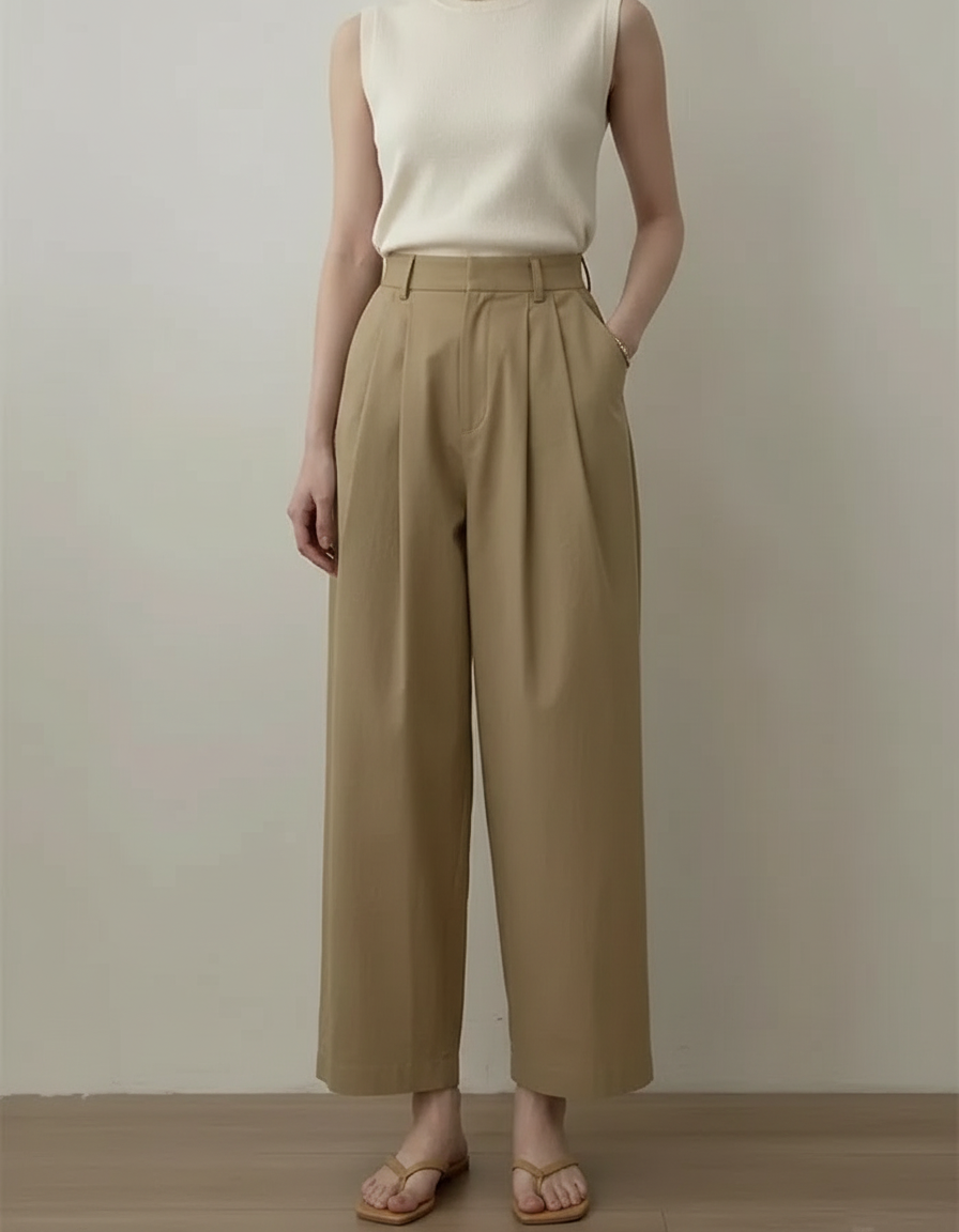 Pantalon Chino Kaki Taille Haute Ample Plissé Décontracté - Gabardine