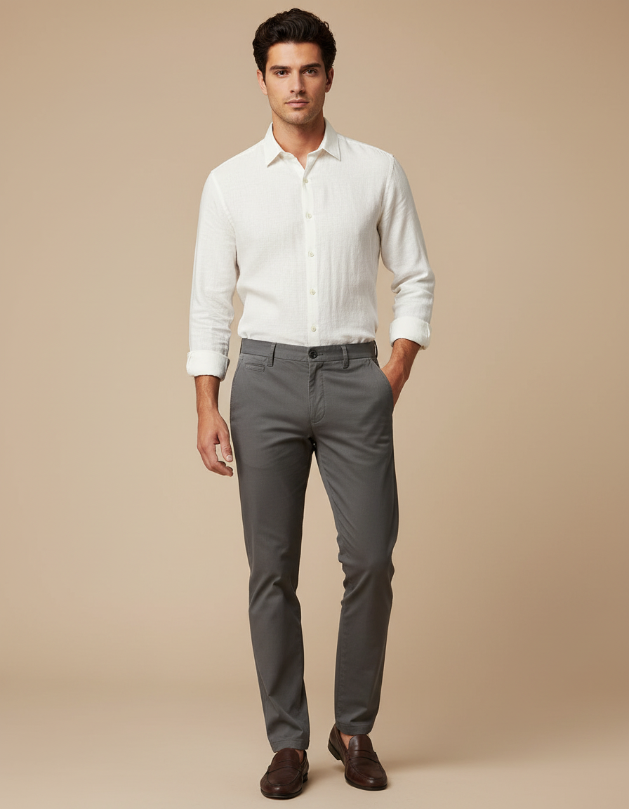 Pantalon Chino Homme Gris Slim Élégant Moderne - Coton