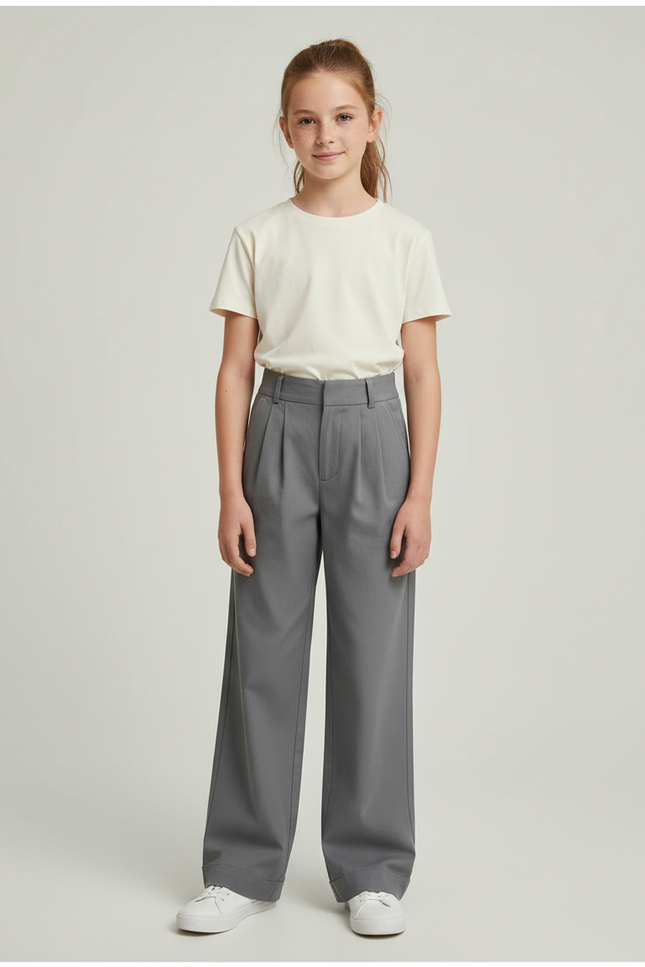 Pantalon Chino Gris Ample Plissé Enfant Décontracté - Gabardine