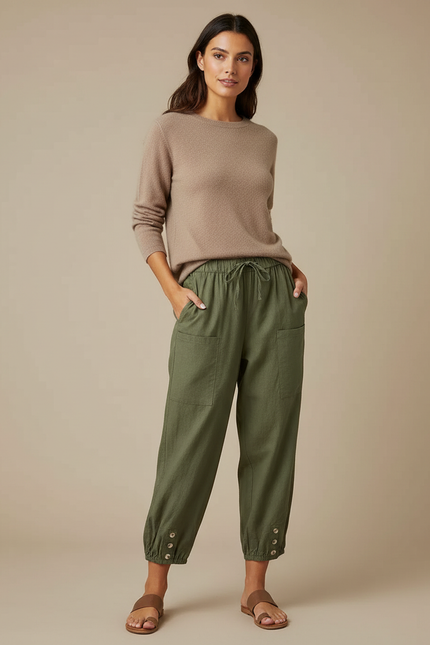 Pantalon Chino Vert Olive Lin Ample Cordon Femme - Kaki