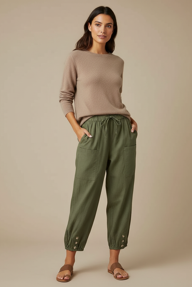 Pantalon Chino Vert Olive Lin Ample Cordon Femme - Kaki