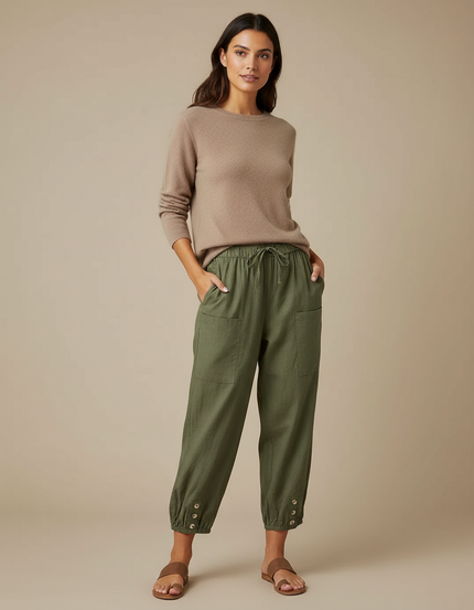 Pantalon Chino Vert Olive Lin Ample Cordon Femme - Kaki