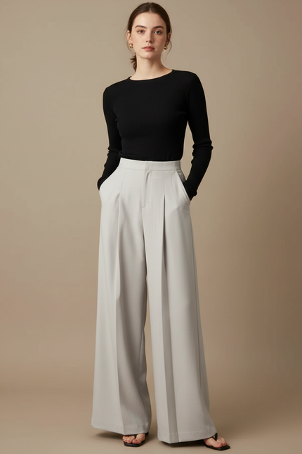 Pantalon Chino Gris Clair Plissé Ample Élégant Femme - Gabardine