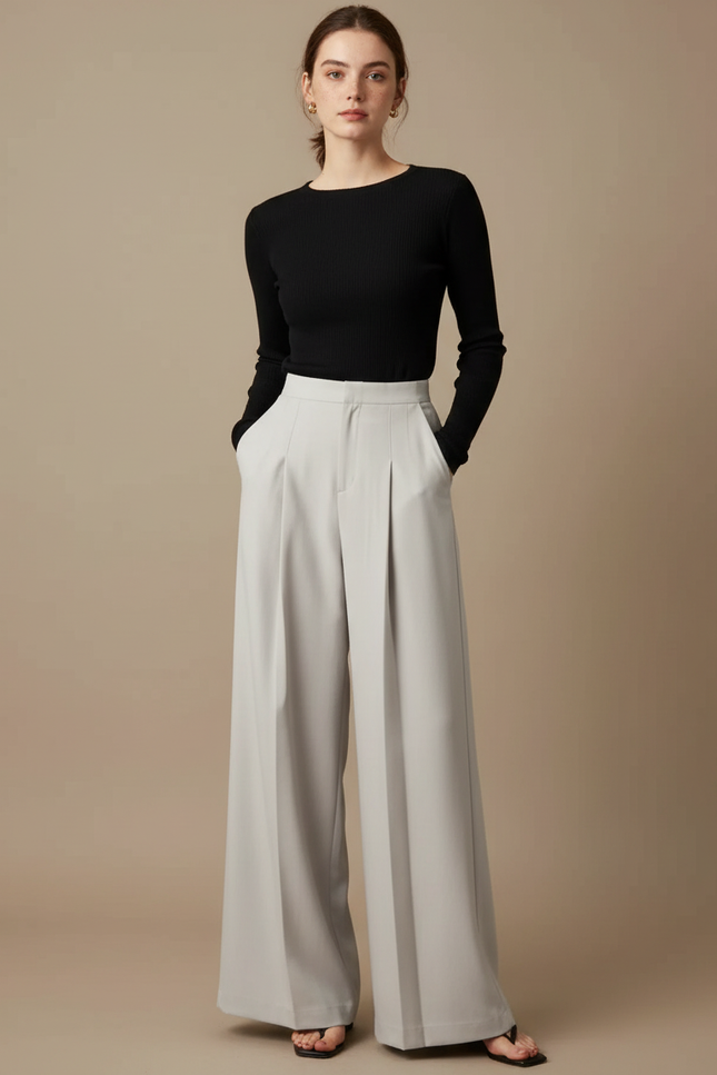 Pantalon Chino Gris Clair Plissé Ample Élégant Femme - Gabardine