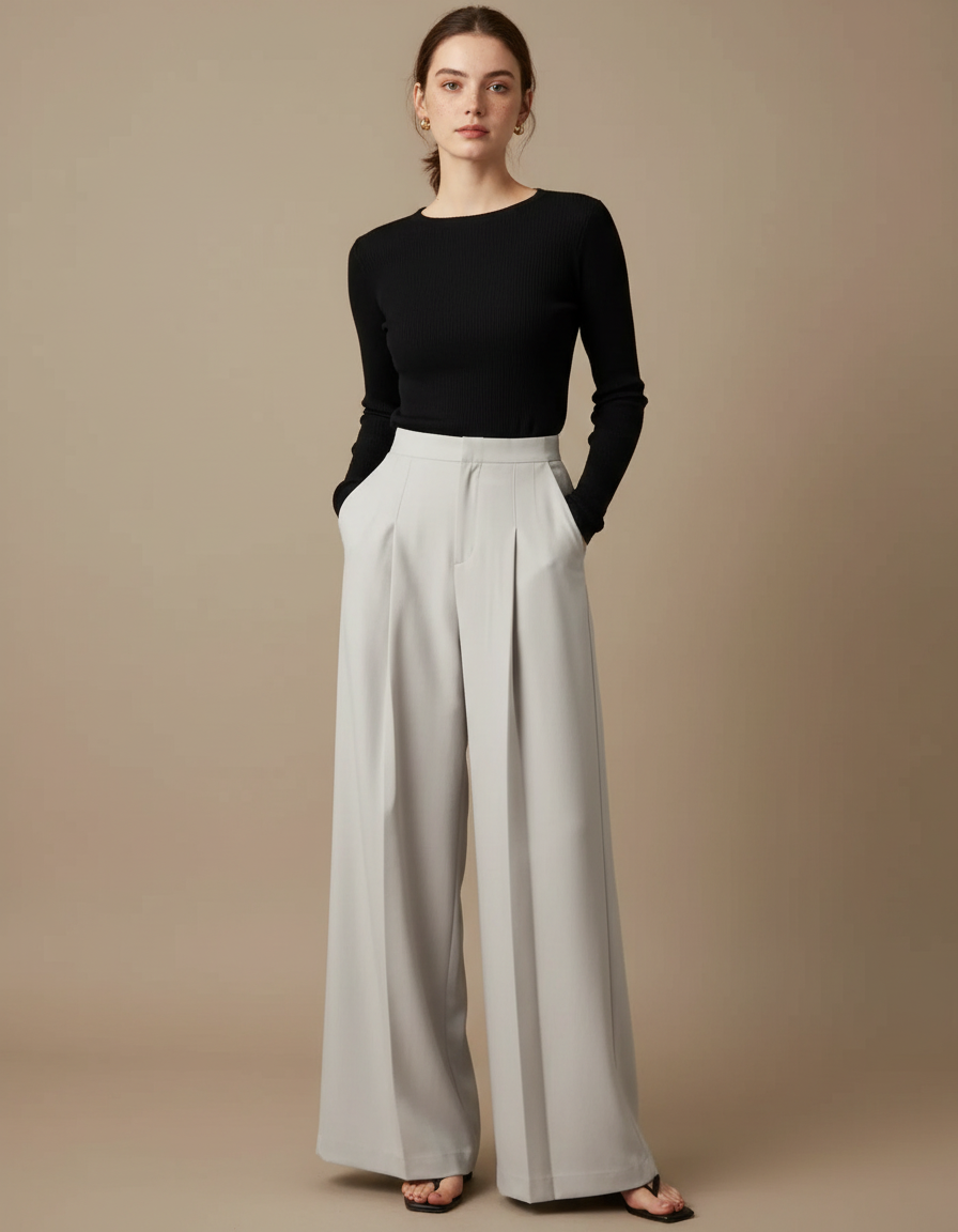 Pantalon Chino Gris Clair Plissé Ample Élégant Femme - Gabardine