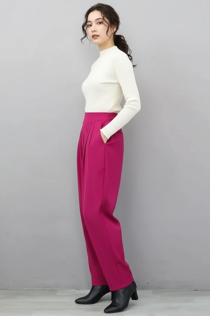 Pantalon Chino Fuchsia Taille Haute Fluide Élégant - Rose Polyester