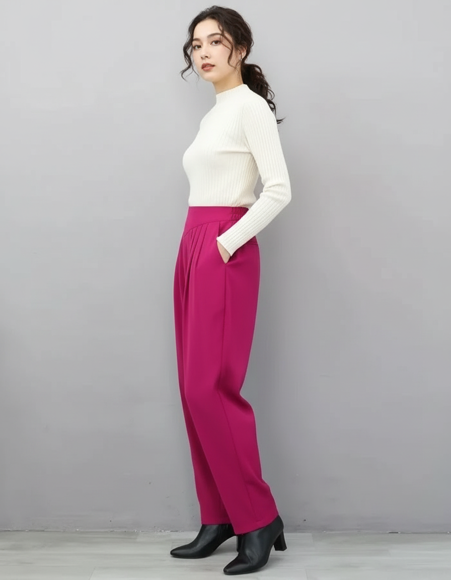 Pantalon Chino Fuchsia Taille Haute Fluide Élégant - Rose Polyester