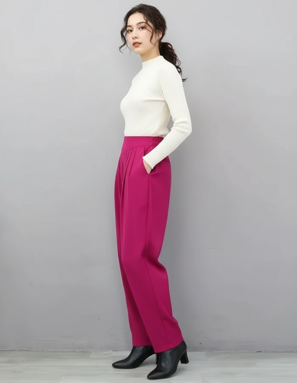 Pantalon Chino Fuchsia Taille Haute Fluide Élégant - Rose Polyester