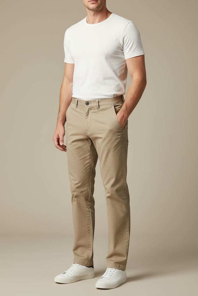 Pantalon Chino Homme Beige Coton Droit Décontracté
