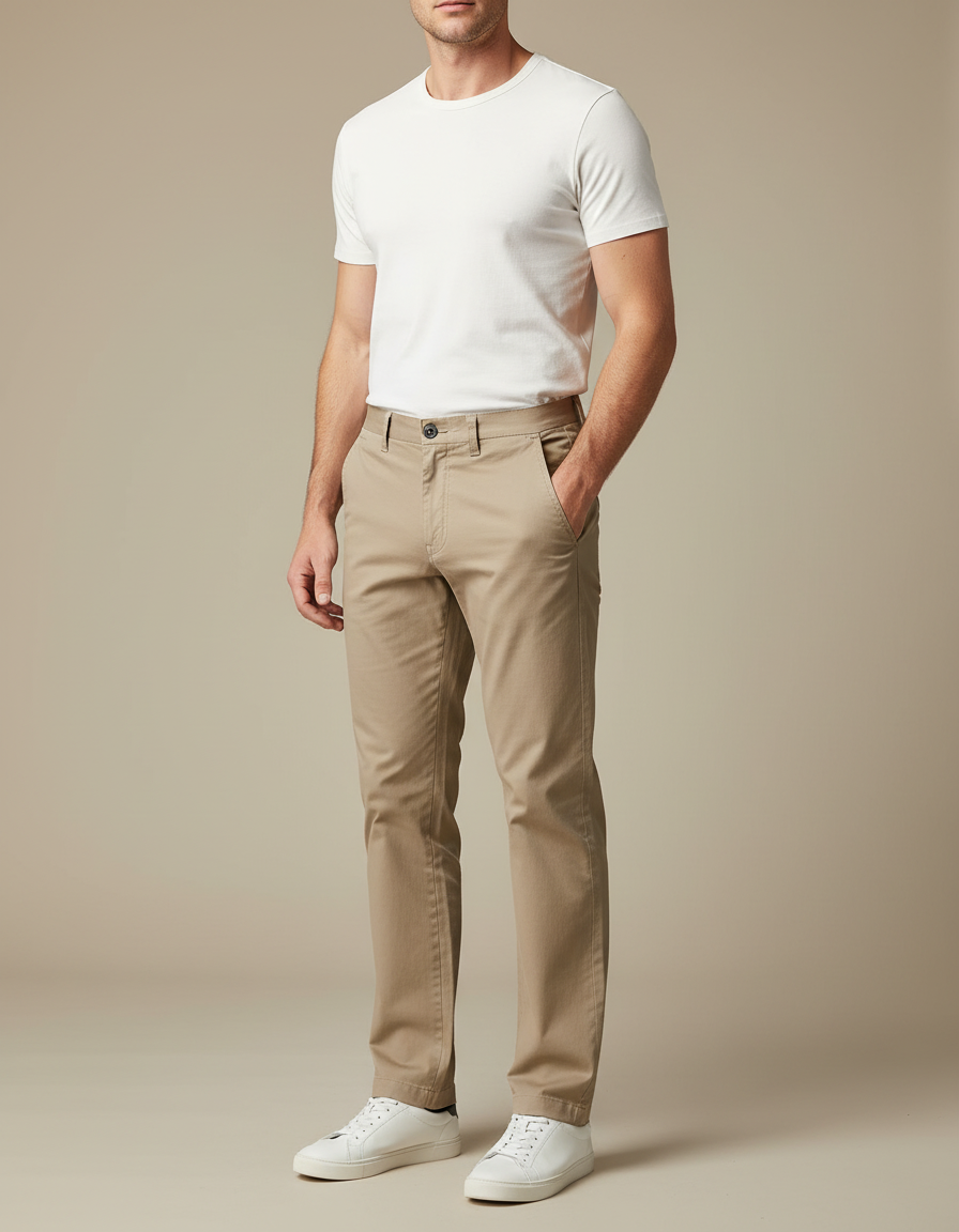 Pantalon Chino Homme Beige Coton Droit Décontracté