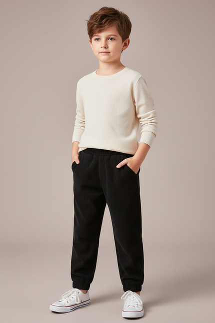 Pantalon Chino Noir Côtelé Élastique Décontracté Enfant - Cordé