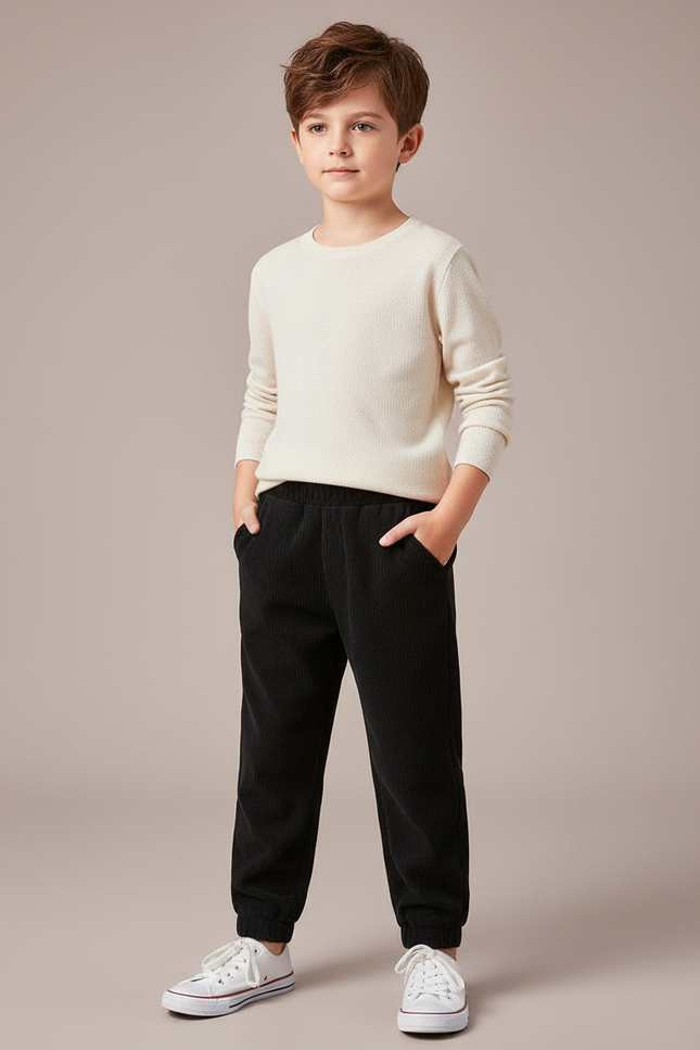 Pantalon Chino Noir Côtelé Élastique Décontracté Enfant - Cordé