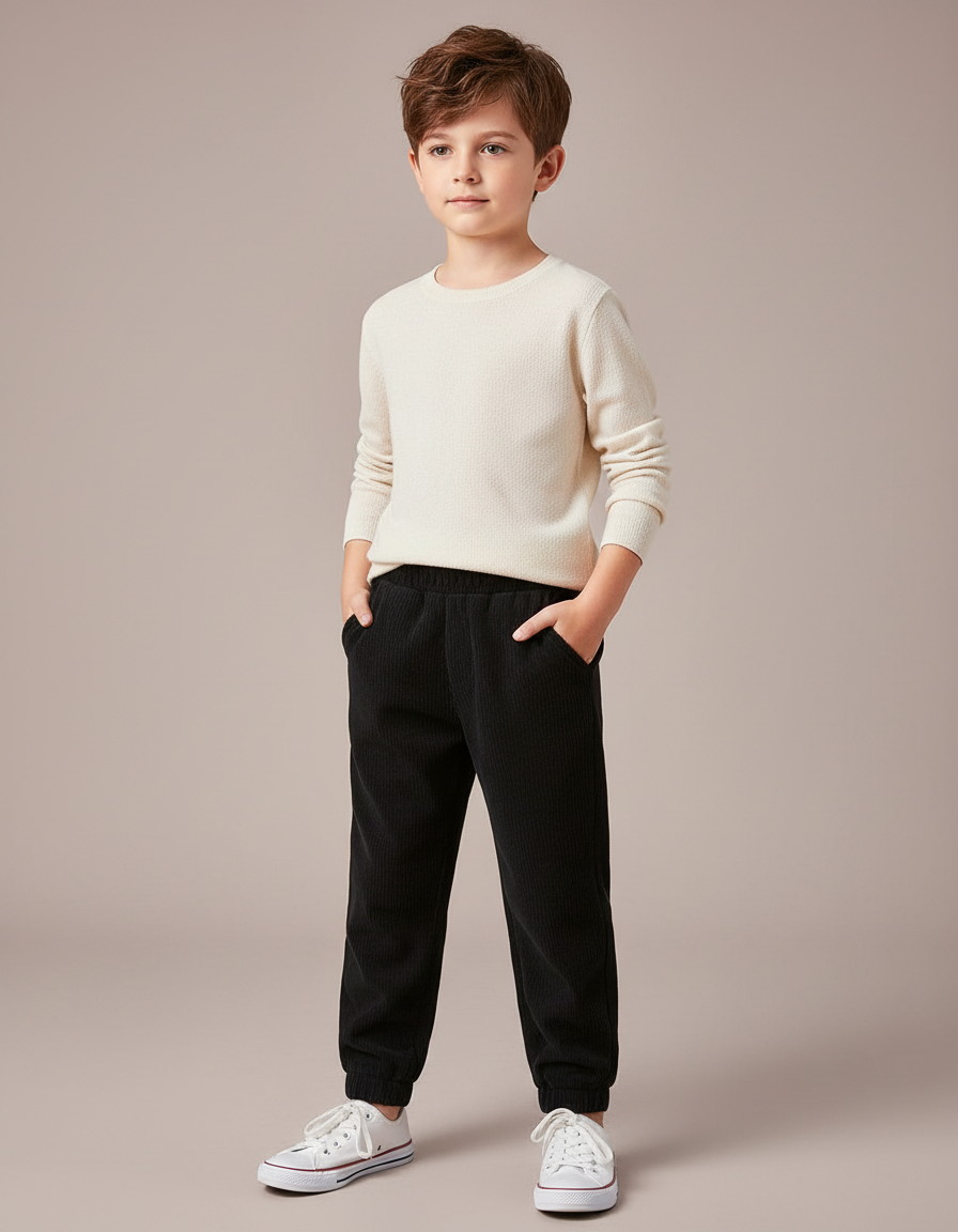 Pantalon Chino Noir Côtelé Élastique Décontracté Enfant - Cordé