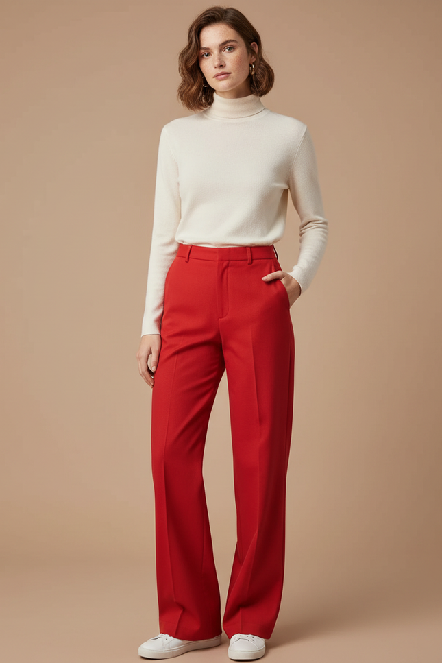 Pantalon Chino Rouge Évasé Taille Haute Femme Chic - Gabardine