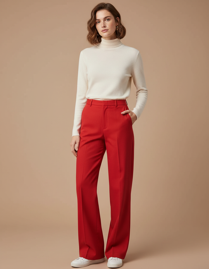 Pantalon Chino Rouge Évasé Taille Haute Femme Chic - Gabardine