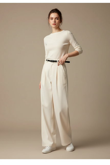 Pantalon Chino Écru Ample Fluide Taille Haute Femme - Beige Gabardine