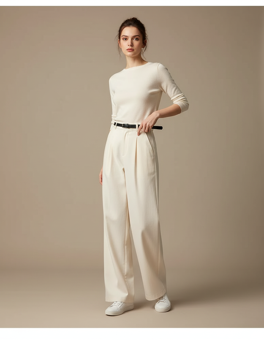 Pantalon Chino Écru Ample Fluide Taille Haute Femme - Beige Gabardine