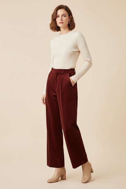 Pantalon Chino Bordeaux Velours Côtelé Ample Taille Haute Femme - Cordé