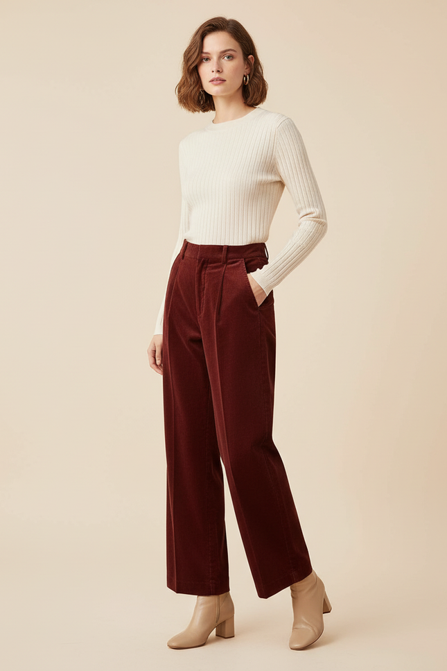 Pantalon Chino Bordeaux Velours Côtelé Ample Taille Haute Femme - Cordé