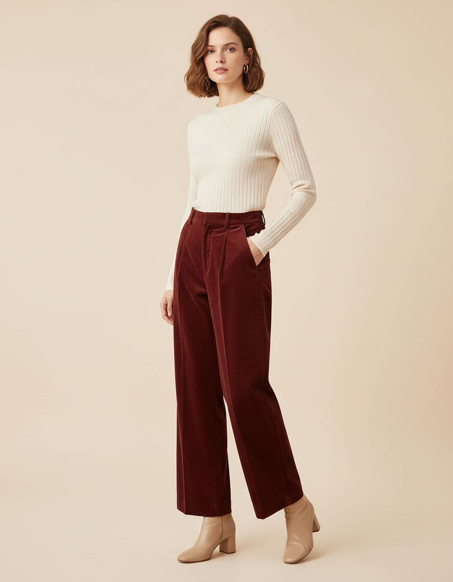 Pantalon Chino Bordeaux Velours Côtelé Ample Taille Haute Femme - Cordé