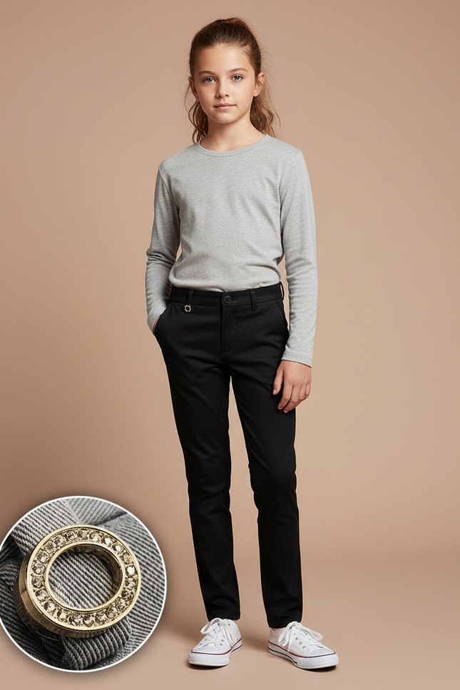 Pantalon Chino Noir Slim Fille Élégant Simple - Gabardine