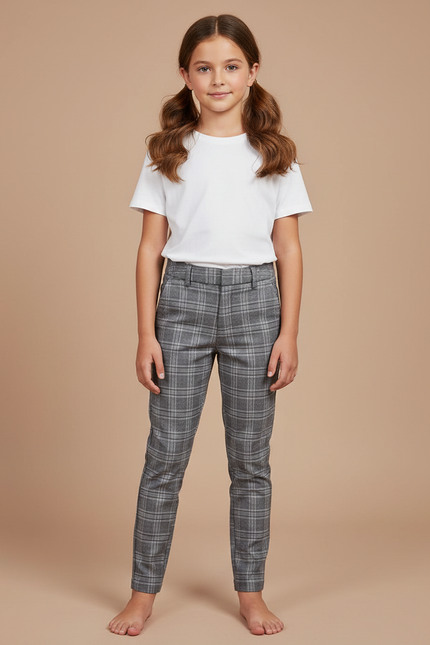 Pantalon Chino Carreaux Gris Slim Enfant - Laine