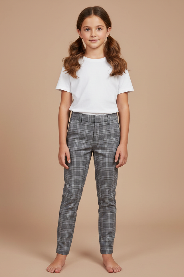 Pantalon Chino Carreaux Gris Slim Enfant - Laine