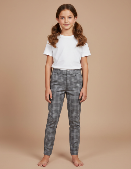 Pantalon Chino Carreaux Gris Slim Enfant - Laine