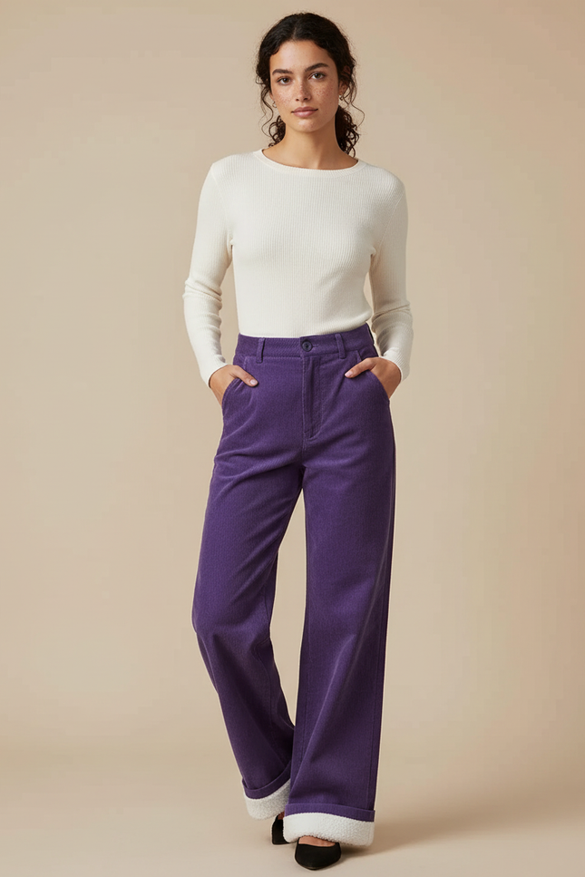 Pantalon Chino Violet Côtelé Large Doublé Polaire Femme - Cordé