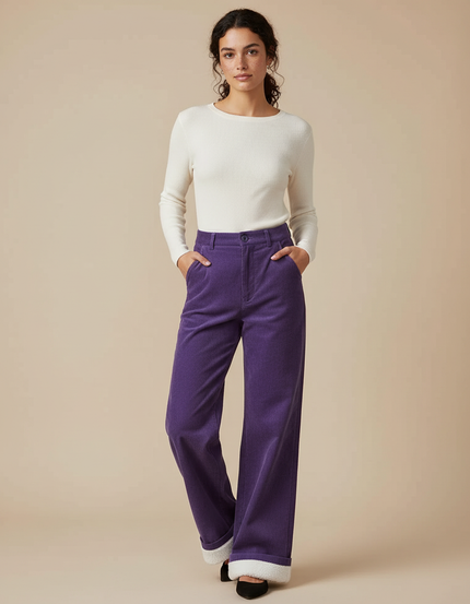 Pantalon Chino Violet Côtelé Large Doublé Polaire Femme - Cordé