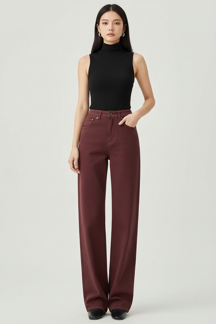 Pantalon Chino Bordeaux Large Taille Haute Femme - Coton