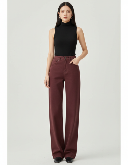 Pantalon Chino Bordeaux Large Taille Haute Femme - Coton