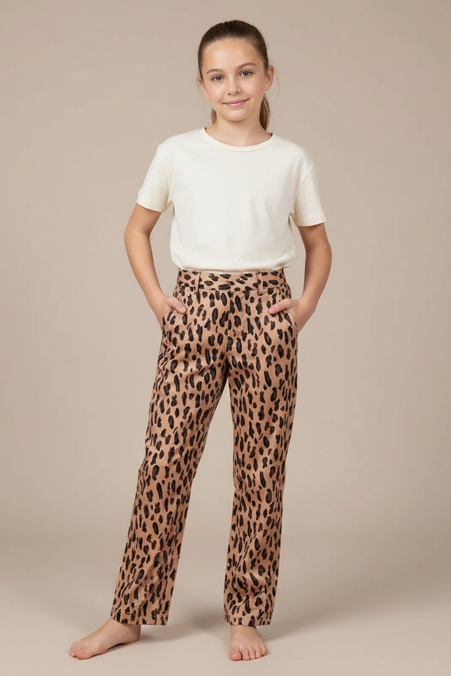 Pantalon Chino Léopard Ample Fluide Enfant Décontracté - Imprimé Satin
