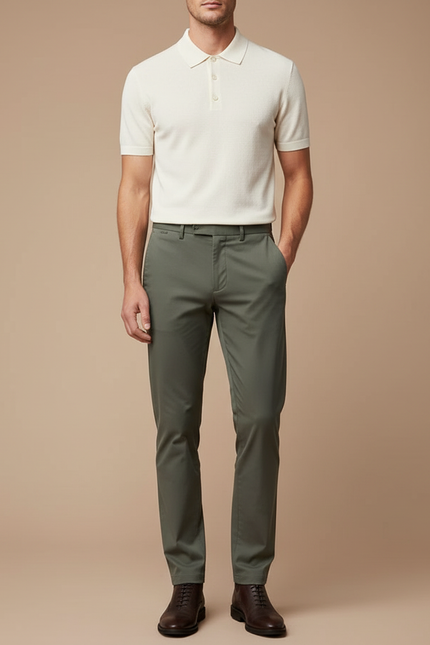 Pantalon Chino Homme Vert Olive Coton Slim Élégant - Kaki