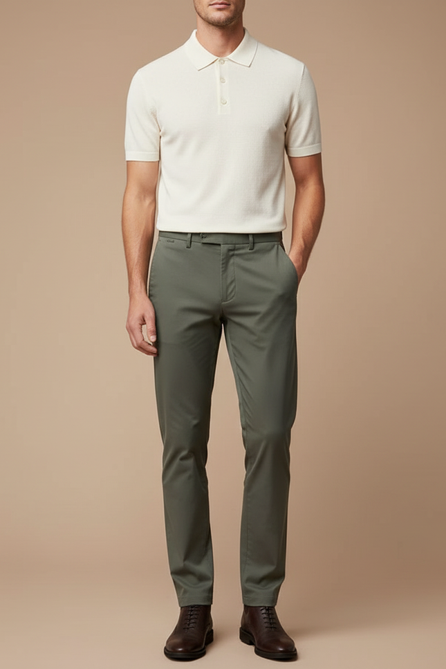 Pantalon Chino Homme Vert Olive Coton Slim Élégant - Kaki