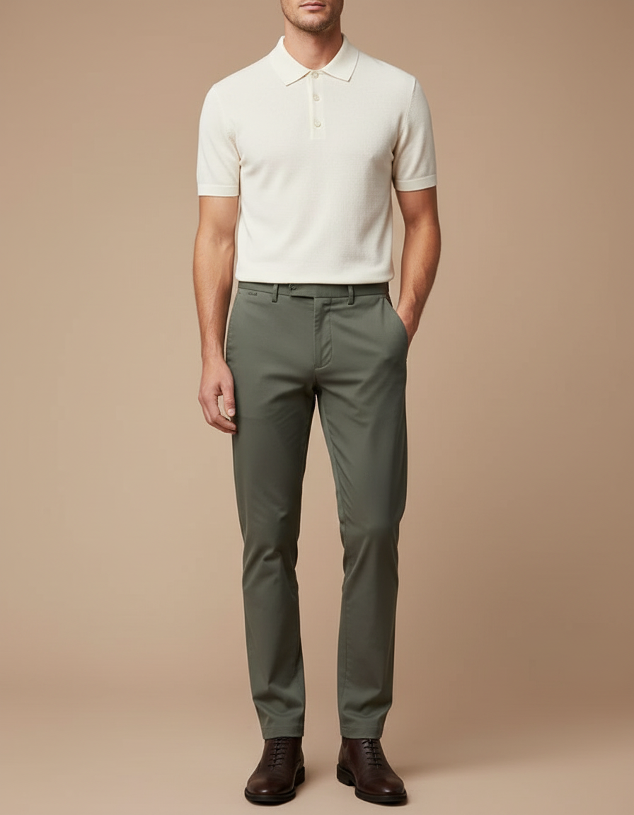 Pantalon Chino Homme Vert Olive Coton Slim Élégant - Kaki
