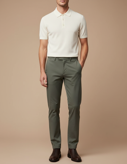 Pantalon Chino Homme Vert Olive Coton Slim Élégant - Kaki