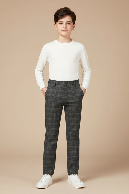 Pantalon Chino Carreaux Gris Slim Élégant Garçon - Tweed