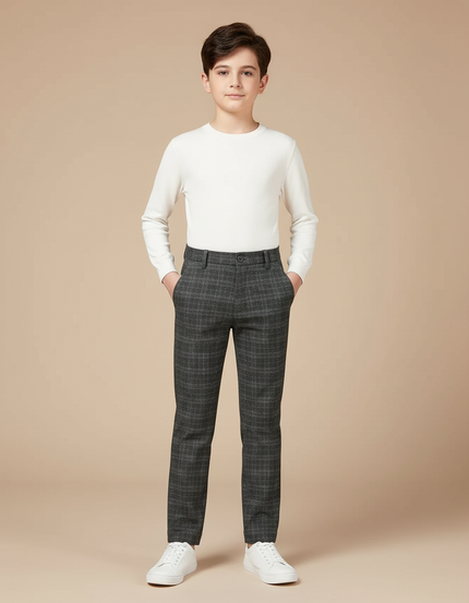 Pantalon Chino Carreaux Gris Slim Élégant Garçon - Tweed