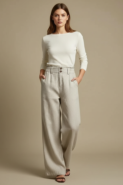 Pantalon Chino Beige Ample Taille Haute Lin Femme