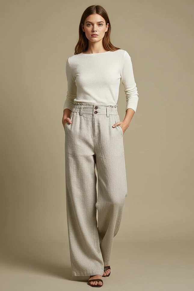 Pantalon Chino Beige Ample Taille Haute Lin Femme