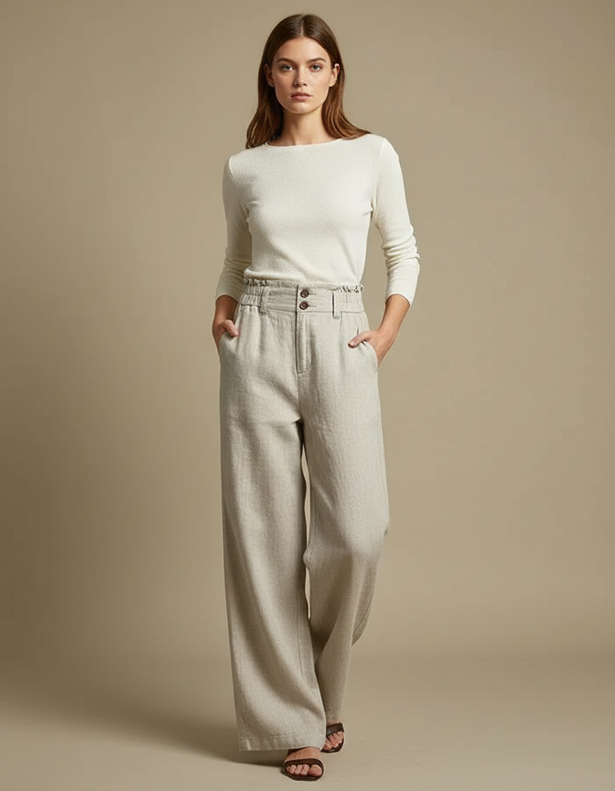 Pantalon Chino Beige Ample Taille Haute Lin Femme